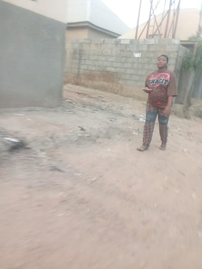 In Kagini, Nigeria, a young woman stands on a dirt path in front of a brick wall. She is wearing a brown t-shirt with a graphic print and plaid pants. She is holding a mobile phone in her right hand. The background shows a building and some vegetation. The ground is covered in loose dirt and small stones.