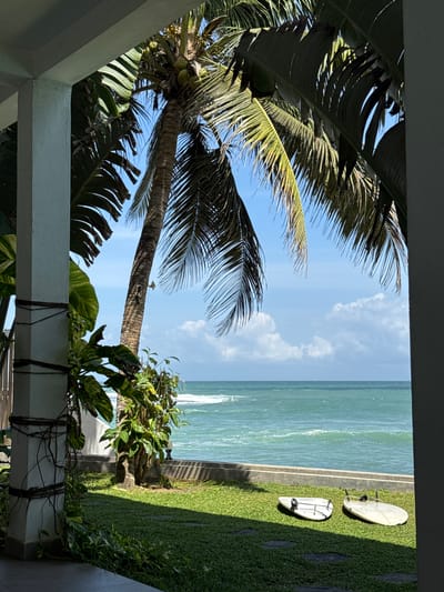 This image depicts a tranquil scene near the ocean in Goviyapana, Sri Lanka. In the foreground, a white pillar with vines wrapped around it frames a lush green lawn. Two surfboards lie on the grass, hinting at nearby water activities. Beyond the lawn, the turquoise ocean stretches to the horizon, with gentle waves rolling towards the shore under a clear blue sky dotted with fluffy white clouds. A tall coconut tree stands prominently, its fronds rustling in the breeze, adding to the tropical ambiance. The overall impression is one of peaceful relaxation in a coastal paradise.