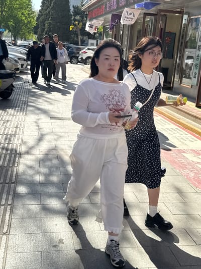 Two women are standing on a sidewalk in Linghe, China. The woman closest to the camera is wearing white pants, a white long-sleeved shirt with a design on the front, and gray running shoes. She is holding a bottle and pen. The other woman is wearing glasses and a black dress with white polka dots and a white shirt underneath. She is holding a yellow bottle. Behind them, a group of people are walking on the sidewalk. Cars are parked on the street next to the sidewalk. Buildings and trees are visible in the background. Signs in Chinese characters are on the buildings.
