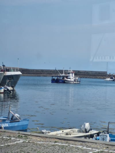 The image depicts a harbor scene in Sozopol, Bulgaria, under a clear, pale blue sky. In the foreground, a blue boat with white lettering, "MAPA", is docked. Next to it, a white boat with a covered outboard motor is also moored. Further out in the water, a larger fishing trawler, painted blue and white, is visible, with its name partially obscured but appears to say "ВУРГАС". Another white sailboat with a mast is anchored in the distance, near a breakwater made of large rocks and concrete blocks. A concrete wall forms the shoreline in the background. The water is calm and a light blue, with some floating debris. The overall atmosphere is that of a quiet, functional harbor.