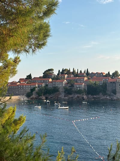 The image shows the island of Sveti Stefan, a historic fortified village located in Montenegro. The island is connected to the mainland by a narrow causeway and is characterized by its densely packed stone houses with red-tiled roofs. The village is situated on a rocky promontory, and lush green trees are interspersed among the buildings. In the foreground, the deep blue waters of the Adriatic Sea are visible, with several small boats moored in the bay. A rope barrier with buoys marks off an area in the water. The sky is a clear, pale blue with a few wispy clouds, suggesting a pleasant day. The overall scene is tranquil and scenic, highlighting the unique beauty of this coastal destination.
