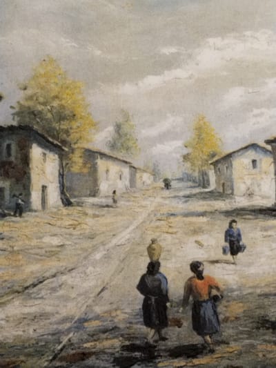 An aged painting depicts a rural scene with women carrying items on their heads and in their hands down a dirt road. Buildings line both sides of the road, with trees interspersed. Distant figures walk further down the road. The sky is overcast with clouds, suggesting a subdued atmosphere. The style is reminiscent of impressionism, focusing on capturing the essence of the scene rather than precise detail.