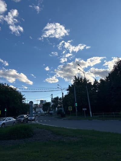 The image captures a street scene in Mytishchi, Russia, oriented vertically. The sky is a vibrant blue with scattered white cumulus clouds, suggesting fair weather. Sunlight illuminates the scene, indicating it is daytime, likely late afternoon or early evening given the shadows. The foreground is dominated by a grassy area and a paved road.

Along the road, several cars are visible, some stationary, suggesting a possible traffic queue. Traffic lights are present, with one showing a green signal. There are also pedestrian crossing signs, one yellow with a pedestrian symbol. Streetlights and utility poles with visible wires line the road. Dense green trees form a dark border on the left side of the road, with taller buildings and construction cranes visible in the distance beyond the trees on the right side.

Text is visible on a sign on a pole, reading "СТОП" which means "STOP" in Russian. Another sign appears to be a road sign with Cyrillic text. The overall impression is a typical urban or suburban street scene in Russia on a pleasant day. No people are explicitly visible in the frame.