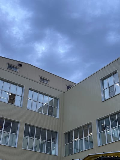 The image depicts a low-angle view of a multi-story building with numerous windows against a cloudy sky. The building has a pale beige or light grey corrugated facade. The windows are rectangular with multiple panes. The sky is overcast with grey clouds. The photo's perspective suggests the image was taken looking upwards from near the base of the building. No people are visible in the image. The location within the city of Reutov, Russia cannot be determined from the image.