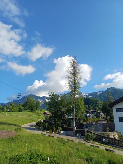 This media file captures a scenic view of the Estosadok region in Russia. The scene is dominated by a bright blue sky with scattered white clouds. In the foreground, a tall, bare tree stands prominently, its branches reaching towards the sky. To the right, a grassy slope leads down to a paved path and a cluster of buildings with white exteriors and dark roofs, characteristic of mountain resort architecture. Beyond the buildings, lush green trees cover the slopes of a majestic mountain range, with patches of snow still visible on the peaks. A ski lift with multiple chairs is suspended in the air, indicating the presence of a ski resort, even in what appears to be warmer weather given the green vegetation. The overall impression is one of a serene mountain landscape on a clear day, likely during the daytime. No people are visible in the frame, and no text is discernible.