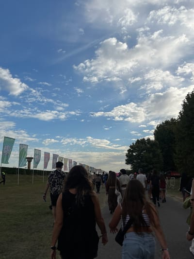 The image depicts an outdoor scene at what is identified as the Lollapalooza music festival, located at the Hippodrome de San Isidro in San Isidro, Argentina. A wide paved path, central to the lower frame, is occupied by a large crowd of individuals walking away from the camera.
The sky is a clear blue with scattered white cumulus and cirrus clouds. A small, dark aircraft is visible in the upper mid-left sky. Along the left side of the path, a continuous row of colorful vertical banner flags extends into the distance, many featuring the "Lollapalooza" logo. Beyond the flags, a grassy field is visible, with a tall, light-colored cylindrical tower topped with a dark structure present in the distant left. The right side of the path is bordered by a dense line of green trees.
In the immediate foreground, two females are walking away from the viewer. The female on the left has dark, wavy hair and wears a black sleeveless top. The female on the right has long brown hair, wears a white and black striped crop top, light blue denim jeans, and carries a black shoulder bag. The crowd behind them consists of numerous individuals in various casual attire. A person wearing a high-visibility yellow or green vest is visible on the far left, near the base of the tower. Minimal temporary barriers are discernible on the right side of the path in the mid-ground.