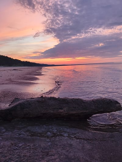 The image depicts a serene beach scene at sunset in Apšuciems, Latvia. The sky is a gradient of soft pinks and purples, with scattered clouds catching the last rays of sunlight. The calm water reflects the colors of the sky, creating a mirror-like effect. A dark, weathered piece of driftwood lies partially submerged in the shallow water in the foreground, its texture contrasting with the smooth surface of the water and sand. The sandy shore stretches into the distance, meeting a dark line of trees along the horizon. The overall atmosphere is tranquil and peaceful, with no people or active elements visible in the frame.