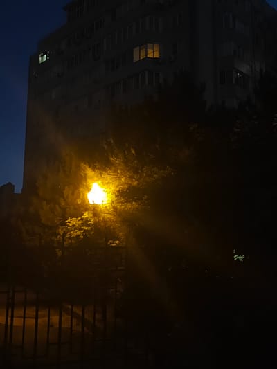 A nighttime photograph captures a tall, multi-story building in the city of Anapa, Russia, bathed in dim twilight. The building, appearing to be an apartment complex, features numerous windows, with a few emitting a soft yellow glow from interior lights. Directly in front of the building, a vibrant, bright yellow street lamp illuminates the surrounding area, casting dramatic beams of light through the dark foliage of trees and bushes. A metal fence is visible in the foreground, partially obscured by shadows and the ambient light. The sky is a deep, dark blue, indicating late evening or early morning. No people are visible in the scene.