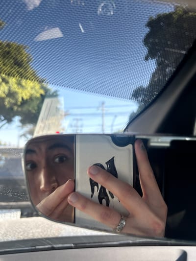 The interior of a car is visible through the windshield and the rearview mirror. The mirror reflects a person's face, partially obscured by a white card with black flame-like designs, held by a hand wearing a floral ring. The windshield shows a blurred view of trees and power lines against a blue sky. The dashboard and car frame provide a dark border to the scene.