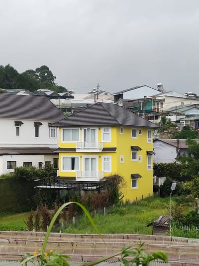 In the city of Lang Biang - Đà Lạt, Vietnam, a bright yellow, two-story house with a dark tiled roof stands out against a cloudy sky. The house features multiple white-framed windows, some with small awnings, and white balconies on both levels. To the left of the yellow house is a larger white house with a similar dark tiled roof. The properties are situated on a sloped terrain with lush green vegetation, including trees and shrubs, surrounding them. In the foreground, a raised structure, possibly a greenhouse or garden bed made of bamboo and translucent material, is visible. A solar-powered lamp post stands in the yard of the yellow house. In the background, other buildings and greenhouses are scattered across the landscape, indicating a residential or agricultural area. The overall scene depicts a quiet, possibly suburban or rural setting within the mountainous region of Đà Lạt.