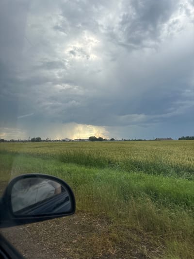 The image captures a rural landscape under a dramatic, cloudy sky, as viewed from inside a vehicle. The foreground features a side-view mirror reflecting a person, possibly the driver, wearing light-colored clothing. The mirror is attached to the dark-colored frame of the vehicle. Beyond the vehicle, a vast, green field stretches to the horizon, appearing to be a crop, possibly wheat, due to its height and color. Scattered in the distance are a few buildings, including what appear to be farm structures or houses, and some trees. The sky is filled with dark, heavy clouds, with a patch of sunlight breaking through in the distance, creating a dramatic contrast and potentially indicating a storm or rain shower. There is no visible indication of the city of Zubov, Russia, within the image itself. The scene is serene but conveys a sense of impending weather change.