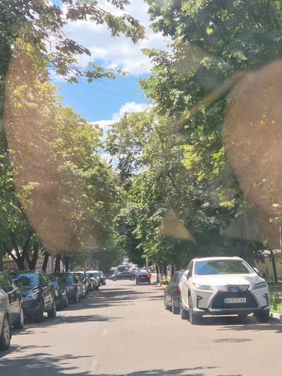 The image captures a street scene in Kropyvnytskyi, Ukraine, likely on a sunny day, with mature trees lining both sides of the asphalt road. The trees create a canopy, with sunlight filtering through their leaves and casting dappled shadows on the road. Several cars are parked along the right side of the street, with a white Lexus RX parked prominently in the foreground. The Lexus has a license plate that reads "BA 5777 AA". Other vehicles, appearing to be black sedans and SUVs, are parked further down the street on both sides. In the distance, more cars are visible, and a few buildings can be discerned behind the trees on the left. The sky is blue with scattered white clouds. The perspective suggests the photo was taken from inside another vehicle.