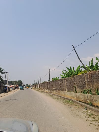 The image depicts a straight road in Badore, Nigeria, under a clear, light blue sky with minimal cloud cover, suggesting bright daylight. The perspective is from the front of a vehicle, with its silver-grey hood visible in the bottom foreground.
The road is paved with interlocking blocks or cobblestones and extends into the distance, narrowing slightly. A dirt shoulder flanks both sides of the paved surface.
On the right side of the road, a long, weathered concrete block wall, approximately 2.5 meters high, runs parallel to the street. Above this wall, dense green foliage, identifiable as large banana leaves, is prominent. A shallow concrete drainage ditch separates the dirt shoulder from the base of the wall. Several wooden utility poles, strung with electrical or communication wires, are positioned along this side.
On the left side of the road, further down the street, various small commercial structures, likely shops or stalls with corrugated metal roofs and awnings, line the roadside. A small group of individuals is visible near these establishments. Additional utility poles with overhead wires are present on this side.
Vehicles are present on the road. A green tricycle (Keke Napep) is visible on the paved surface, traveling away from the camera. A yellow vehicle is further in the background. No specific interactions between individuals are clearly discernible. The overall environment appears to be an urban or semi-urban street.