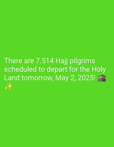 The image is a digital graphic with a lime green background. The text reads "There are 7,514 Hajj pilgrims scheduled to depart for the Holy Land tomorrow, May 2, 2025!" The text is in white, and there is a small graphic of the Kaaba, which is a cube-shaped building in Mecca, Saudi Arabia, and an Islamic pilgrimage site, and two gold sparkle emoji characters. The coordinates provided correspond to a location within Kecamatan Arjasa, Indonesia. However, the image is digital and does not depict a physical scene.