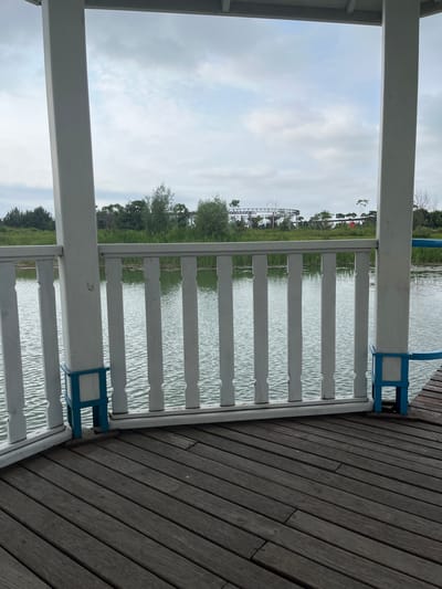 The image captures a view from a wooden deck, looking out towards a body of water. A white wooden railing with blue accents separates the deck from the water. Beyond the railing, the calm water reflects the overcast sky. In the distance, a line of green trees and foliage marks the horizon. Some man-made structures, possibly part of a park or amusement area, are visible amongst the trees, including a circular track and some elevated walkways. The scene is situated in Severynivka, Ukraine, as indicated by the provided context. The overall impression is one of a peaceful, outdoor setting, likely a recreational area.
