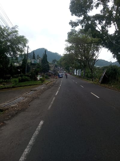 The image displays a two-lane asphalt road descending through the city of Sat Thay (East), Myanmar, under an overcast sky. The road is marked with white dashed lines. On the left, a dirt shoulder contains metal grate drains and is bordered by dense green vegetation, including tall coniferous trees and general foliage. Utility poles with overhead power lines are visible along this side. A white car is parked on the left shoulder. Further down, a blue van and multiple motorcycles, each operated by an individual, are in motion, traveling away from the viewer. Buildings are partially obscured by vegetation on the left, with indistinct human figures near the roadside structures. The right side of the road is lined with lush green trees and shrubs, behind which several white rectangular signs are visible. A dilapidated wooden structure leans into the foliage further along the right side. In the background, a large, forested mountain and additional hills are visible beneath the light grey sky. All vehicular traffic observed is proceeding downhill.