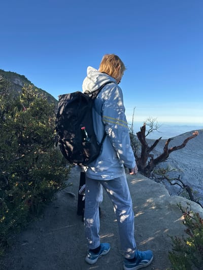 A person wearing a light blue hooded jacket, gray sweatpants, and blue athletic shoes stands on the edge of a rocky cliff overlooking a vast, hazy landscape. They have a black backpack on, with a green bottle protruding from a side pocket. The person's blonde hair is visible as they look out at the scenery. The environment is arid, with sparse green vegetation and a dead, gnarled tree trunk to the right. The sky is clear and blue. This scene appears to be Mount Ijen, Indonesia, known for its volcanic crater lake and sulfurous fumes.