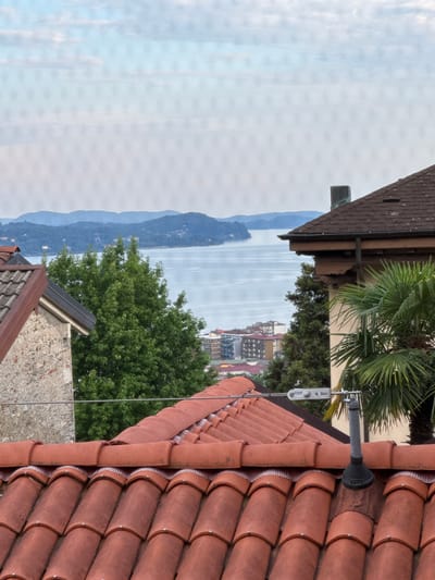 The image shows a view of a lake with mountains in the distance, likely Verbania, Italy. In the foreground, there are terracotta roof tiles and a portion of a building. A palm tree is visible, suggesting a warm climate. The sky is overcast, indicating a cloudy day. The lake is calm and reflects the sky, creating a serene atmosphere. In the middle ground, there are buildings, possibly part of a town or city, with red-tiled roofs, consistent with Italian architecture. Green trees dot the landscape, adding to the natural beauty of the scene. The overall impression is one of a peaceful, scenic view from a rooftop overlooking a lake and mountains. There is no visible text in the image.