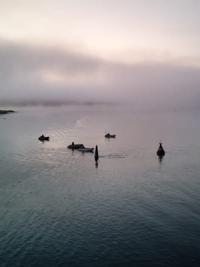 In the still waters of Dereven'ka, Russia, a serene dawn unfolds under a blanket of mist. A group of kayakers navigates the calm surface, their small vessels leaving faint ripples in their wake. The ethereal glow of the rising sun, diffused by the fog, paints the sky in soft hues of pink and purple, casting a dreamy ambiance over the scene. A solitary buoy, marked with the number "83", stands as a silent sentinel in the water, adding a touch of human presence to the natural spectacle. The mist hangs low, obscuring the horizon and lending an air of mystery to the tranquil landscape. The overall impression is one of peaceful solitude and the quiet beauty of nature at its finest.