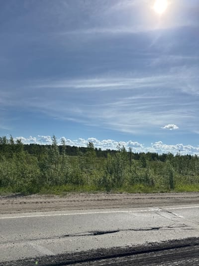 The image captures a sun-drenched, clear sky with wispy clouds, casting a bright light that highlights a vast, green treeline bordering a rural road. The road itself is asphalt with a white line marking its edge, and shows signs of wear and tear, including potholes. In the foreground, the edge of the asphalt is rough and uneven, with loose gravel and debris. The environment appears to be a natural landscape, likely outside of a major urban area, consistent with the outskirts of Parma, Russia. No people are visible in the image.