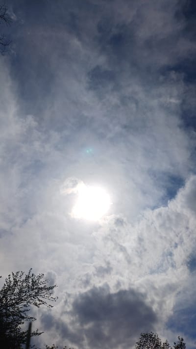 The image shows a sky scene taken from below. The sun is visible through a layer of clouds, creating a bright, diffused glow. There are various types of clouds, some darker and more dense, others thinner and lighter, filling the sky. Tree branches are visible in the bottom right and bottom left corners. The location is Gorna Verenitsa, Bulgaria.
