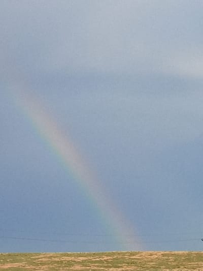 The image depicts a landscape under a cloudy sky, with a faint rainbow arcing across the frame. The lower portion of the image is occupied by a field of dry, golden-brown grass, suggesting a rural or natural setting. In the distance, faint horizontal lines could be interpreted as power lines or a fence. The sky is a muted blue-gray, with some lighter patches indicating the presence of clouds and the light source that created the rainbow. The rainbow itself is not vibrantly colored but appears as a subtle band of pastel hues against the sky, its arc stretching from the left side of the image towards the upper right. The overall impression is one of a quiet, possibly post-rainy day in a wide-open space. There is no visible text in the image.