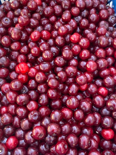 A close-up, overhead view shows a large pile of ripe, dark red cherries. The cherries are plump and glossy, with some showing slight indentations where they were attached to the stem. The lighting highlights the roundness and smooth texture of the fruit. No people or other objects are visible in the image, which appears to be a food product display or a harvest. The context of Kushchovskaya, Russia, suggests this could be a local agricultural product, possibly at a market or farm.