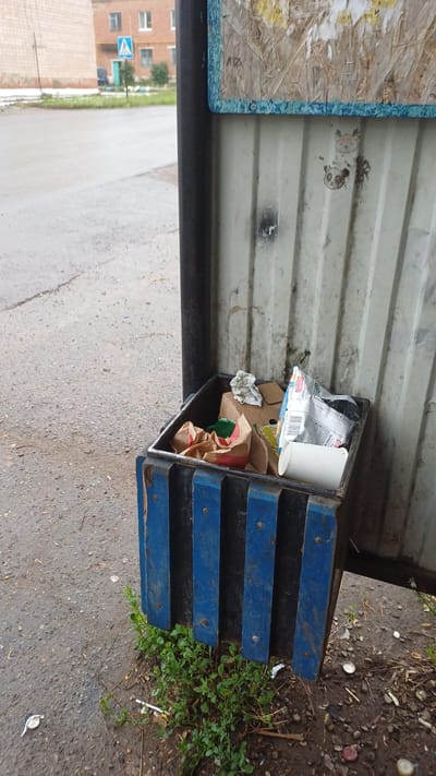 This is a medium-angle, eye-level shot of a public trash can overflowing with litter, located on a sidewalk in the city of Podgornoye, Russia. The trash can is made of dark metal with blue wooden slats on the sides and is filled with various types of refuse, including paper bags, food packaging, and a white cup. The surrounding area is paved with asphalt, with some patches of green weeds growing near the base of the trash can. In the background, a brick building and a pedestrian crossing sign are visible, indicating an urban setting. The sky is overcast, suggesting a cloudy day.
