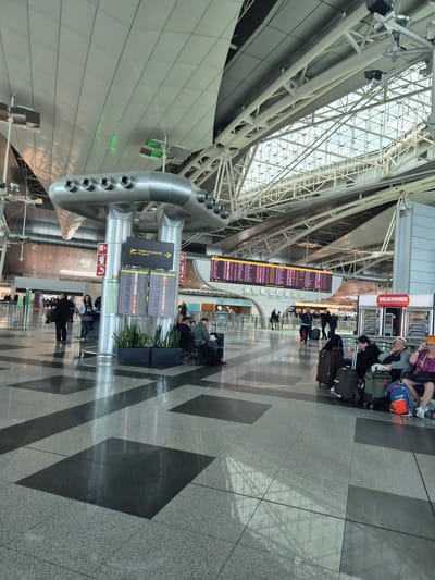 This photograph shows an interior view of Francisco Sá Carneiro Airport in Moreira, Portugal. The scene depicts a busy airport terminal, with passengers waiting and moving around.

In the foreground, there are metallic structures, possibly part of the airport's architectural design or ventilation system. Several digital information boards display flight schedules and gate information in both Portuguese and English. People are seated on benches near these boards with luggage. Further back, a "DELICORNER" store is visible. The flooring has a dark gray geometric pattern. The ceiling is high and supported by steel beams with a glass roof.