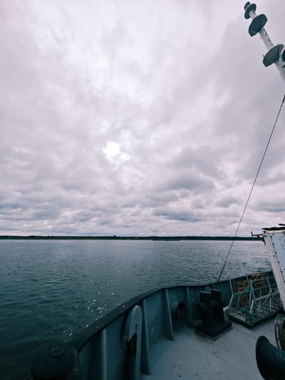 This is a low-angle, full shot of the bow of a vessel on a body of water under a cloudy sky. The foreground features the deck of the ship, with a dark, bollard-like structure on the left and a lighter, rectangular structure with a winch on the right. The midground is dominated by a wide expanse of rippling, dark blue water. In the distance, a flat horizon of dark green trees and some low structures, likely buildings, stretches across the frame. The sky is filled with heavy, gray clouds, with a bright, diffused patch of sunlight near the center, suggesting an overcast day. A tall, white mast with multiple dark, circular platforms is visible on the far right of the image, extending upwards into the sky. A thin black cable runs diagonally from the mast down towards the left side of the frame. The overall atmosphere is muted and somber due to the cloudy weather. The location in Zotino, Russia, indicates a likely setting on a river or lake.