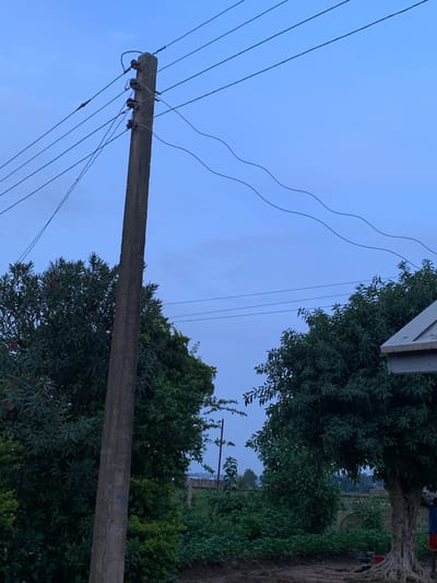 The image depicts a scene dominated by a thick concrete utility pole, angled diagonally across the frame, stretching from the bottom left towards the top right. Several dark power lines are attached to the pole, some appearing taut and others with a slight sag. The sky behind the pole is a uniform light blue, suggesting it is either early morning or late evening, or a day with overcast conditions.
To the right of the pole, lush green foliage from trees and bushes fills the mid and upper right portions of the image. The leaves are dense and varied in shade, creating a natural backdrop. In the far background on the right, hints of structures and possibly more vegetation are visible, though they are out of focus and less distinct. The ground beneath the foliage on the right appears to be a dirt path or uneven terrain.
The overall mood is serene and somewhat rural, characteristic of a developing area like Kuru Karama, Nigeria. There is no visible text in the image, and no people or specific events are clearly depicted. The focus is on the juxtaposition of man-made infrastructure (the utility pole and wires) with the natural environment (trees and sky).
