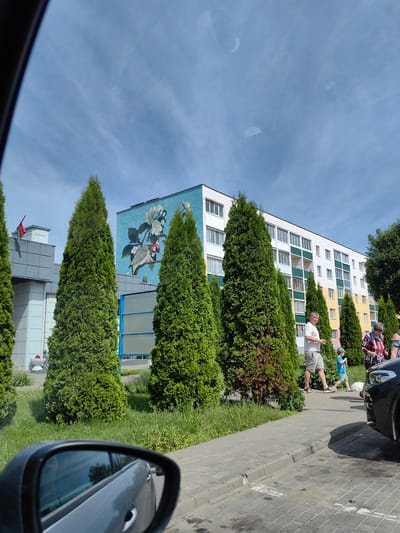 A full shot captures a sunny day with a bright blue sky in Myadzyel, Belarus. In the foreground, a car's side mirror reflects the scene. A paved walkway runs parallel to a grassy area with several tall, green evergreen trees. Behind the trees, a building with a large mural of a bird and flowers on its facade stands out. Further down the street, a multi-story apartment building with white walls and colorful accents is visible. Several people are walking on the sidewalk, including a man in shorts and a t-shirt, a child in a blue shirt and hat, and two women. The overall scene depicts a pleasant urban environment on a clear day.