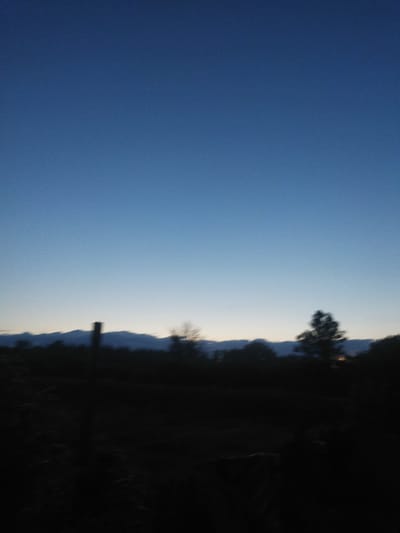 This is a vertical, low-light photograph of a rural landscape in Sosnivka, Ukraine, at dusk. The sky dominates the upper two-thirds of the image, transitioning from a deep, clear blue at the top to a lighter, paler blue near the horizon. The lower third of the image depicts a silhouetted landscape. A dark, indistinct line of trees and hills stretches across the horizon, with a larger, darker silhouette of a tree to the right of center. In the foreground, the land is mostly obscured by shadow, with only faint hints of texture suggesting rough terrain. A vertical, dark object, possibly a fence post or a slender tree trunk, stands prominently in the left-middle ground. The overall mood is tranquil and serene, evoking the quiet transition from day to night in a rural setting. There is no visible text in the image.