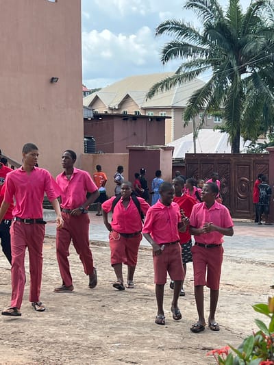 A group of young people, likely students wearing bright pink shirts and maroon pants or shorts, are walking on a dirt path. They appear to be on the grounds of a school or institution in Nnewi, Nigeria. The buildings in the background suggest an urban or semi-urban environment. A prominent palm tree is visible, indicating a tropical climate. The sky is partly cloudy. The overall scene depicts a casual gathering or movement of individuals.
