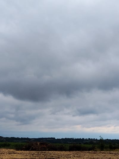 This media file is a landscape photograph taken in Ustyvytsya, Ukraine. The scene depicts a rural setting under a cloudy sky. The foreground is a field of dry, brown earth, suggesting it may have been recently plowed or is in a period of drought. In the middle ground, there is a dark line of trees and vegetation, with patches of green visible, possibly crops or a wooded area. A pile of dark, organic debris, like branches or dead plants, is present in the center of the frame, just before the treeline. The background is dominated by a vast, overcast sky filled with layers of gray clouds, ranging from lighter shades at the horizon to darker, heavier masses higher up. The overall impression is one of an overcast, possibly humid, day, with the light diffused by the cloud cover. There is no visible text in the image.