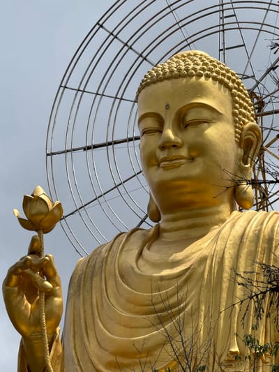 The image shows a close-up, low-angle view of a large, golden statue of Buddha. The statue is detailed, with a serene expression, closed eyes, and curly hair. It is holding a lotus flower in its left hand. Behind the statue, a large, circular metal structure is visible, suggesting construction or scaffolding. The background is a light gray sky. Some bare tree branches and a few green leaves are in the foreground, partially obscuring the lower right portion of the statue. This statue is located at the Quan Am Tieu Dao Pagoda in the city of Lâm Viên - Đà Lạt, Vietnam.