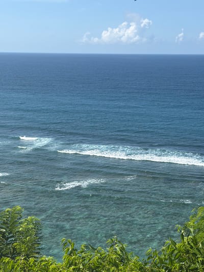 The image captures a coastal scene, likely taken from a high vantage point. In the foreground, vibrant green foliage occupies the right side of the frame, suggesting a cliff or elevated terrain. The primary subject is the ocean, extending across most of the image. The water transitions from a deep blue on the left, near the horizon, to a clearer, turquoise hue closer to the foreground. Visible waves create white crests as they approach the shore. The scene conveys a sense of natural beauty and tranquility. The location is likely Benoa, Indonesia, inferred from the tropical vegetation and coastal characteristics.