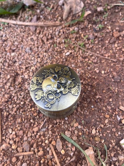 The scene is located in Katon Rikkos, Nigeria. The image depicts a small, ornate, cylindrical metal container resting on dry, reddish-brown soil densely mixed with small, angular gravel pieces. The container, appearing to be made of aged brass or bronze, features a decorative lid with a raised design. This design prominently displays a stylized human skull positioned centrally, encircled by intricately swirling floral patterns and leaves. Sparse patches of green foliage and scattered dried organic debris, including small twigs, are visible across the soil surface in the foreground and background. No individuals, animals, or active interactions are present.