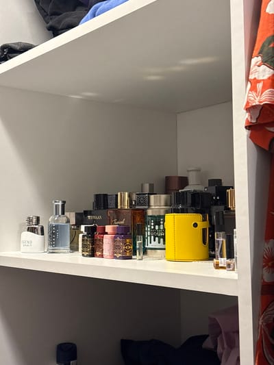 A shelf in a closet contains an array of perfume bottles, including a yellow rectangular container. The room also contains clothes on either side of the shelf. The location is not discernible from the image.