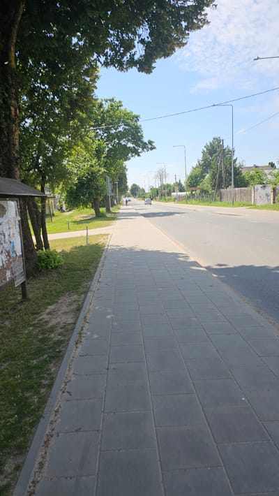 The image depicts a street scene in Nemėžis, Lithuania, on a sunny day with a blue sky dotted with clouds. In the foreground, a gray paved sidewalk runs parallel to a two-lane asphalt road. To the left of the sidewalk, there is a grassy area with several trees, and a bulletin board is visible. Further down the road, a few cars are driving, and two individuals are walking on the sidewalk. The road is lined with trees and houses on the right side, with a wooden fence. Streetlights are spaced along the road.