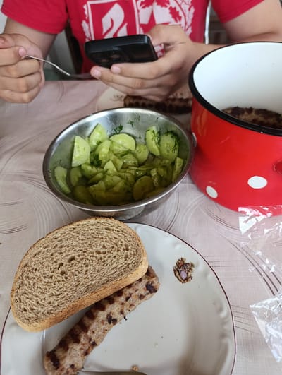 A person wearing a red t-shirt is sitting at a table. The person is holding a smartphone in their left hand and a fork in their right hand. On the table is a plate with a piece of bread and grilled meat, a bowl of sliced cucumbers with dill, and a red cooking pot with white polka dots containing what appears to be more meat. There is a piece of clear plastic on the table. The location is Aidemir, Bulgaria.