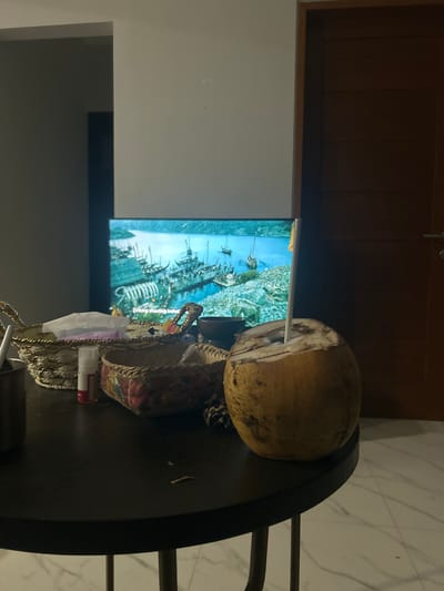 A whole coconut with a straw inserted into it sits on a dark, round table. The coconut is partially opened, revealing its white flesh. Behind the coconut, a television screen displays an underwater scene with a shipwreck. To the right of the coconut, a decorative basket with a floral pattern is visible. On the table, near the basket, are a few tissue papers and a small bottle with a white cap and a red label. The scene appears to be indoors, possibly in a living room or dining area, given the presence of furniture and the television. The lighting suggests it could be evening or a dimly lit interior. The location context is Sukawati, Indonesia.