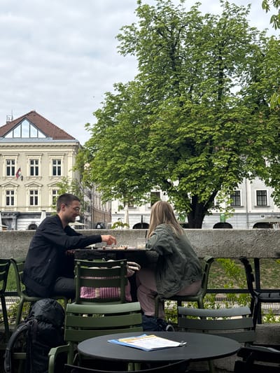 The image depicts an outdoor cafe scene in Ljubljana, Slovenia, featuring two individuals seated at a round, dark-colored table. A man wearing glasses and a black shirt is seated on a green chair on one side, gesturing upwards with his right hand. Across from him, a woman with blonde hair, wearing a green jacket and pink pants, sits on another green chair.
On the table, there is a menu and some personal items. A black backpack is visible near the man's chair.
The background includes a building with a red-tiled roof and white facade, adorned with windows and flags. A large green tree is situated above the cafe area. The sky is overcast. The environment suggests a street-side cafe setting within the urban landscape of Ljubljana.