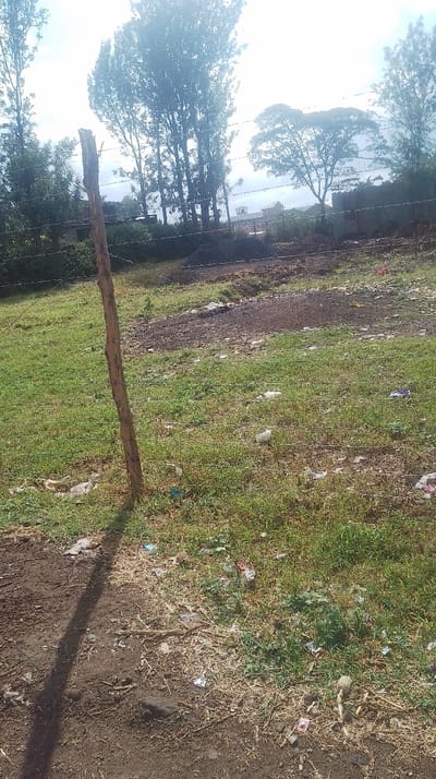 A field with grass and scattered trash is bisected by a wooden fence post and barbed wire. Beyond the fence, a barren area leads to trees in the background. A building is slightly visible through the trees. The foreground shows dirt and more scattered trash. The lighting is bright and appears to be outdoors in daylight.