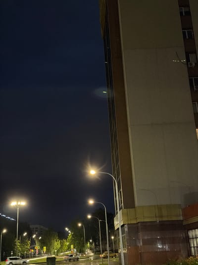 This is a night-time, exterior, vertical, rotated image capturing an urban street scene in Nizhnekamsk, Russia. The scene is illuminated by a series of streetlights, creating a warm glow against the dark night sky. On the left side of the image, a large, modern building with a light-colored facade and dark windows is visible. The building appears to be multi-story.
On the right side of the image, a street lined with trees and lit by streetlights runs into the distance. Several traffic signs are visible along the roadside, including signs indicating pedestrian crossings and other road regulations. Vehicles are present on the road, their headlights and taillights creating streaks of light, suggesting movement. The trees are lush with green foliage, indicating it is likely springtime or summer. The overall atmosphere is that of a quiet, well-lit urban environment at night. There is no visible text in the image.