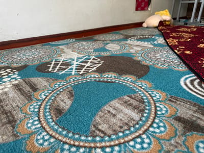 A low-angle, close-up shot captures a floor covered by a patterned rug, with a dark red rug partially overlapping it from the right. The main rug features a teal background adorned with large, circular, mandala-like designs in shades of brown, grey, and white. Within one of these designs, a white, grid-like pattern is visible. In the background, a white wall meets a dark brown baseboard. To the far right, a portion of a metal structure is visible, and further back, a plush toy, possibly a stuffed animal, lies on the floor, partially obscured by the red rug. The scene is indoors, suggesting a residential or public space in Тайгараев, Kyrgyzstan.