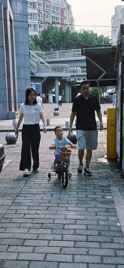 A family is on a brick-paved pedestrian area in the city of Jiulongpo District, China. A man and a woman are walking on each side of a child riding a small bicycle with a basket. The surroundings include modern buildings, trees, and street furniture such as bollards.