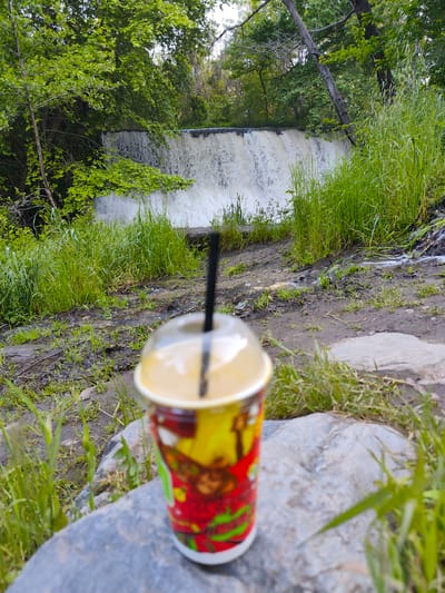 The image depicts a disposable cup with a lid and straw placed on a gray rock, likely outdoors. Behind the cup, there's a small waterfall, possibly man-made, against a backdrop of lush green trees and tall grass. The foreground shows dirt and more grass. Given the location of Parvenets, Bulgaria, without additional information, it is hard to know the exact waterfall depicted in the photo.