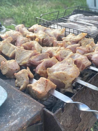 A close-up, outdoor shot shows several metal skewers with raw, cubed meat, likely pork, being grilled over hot coals. The meat is seasoned with spices. In the background, there is a metal grill rack with other items being cooked and lush green grass. The scene appears to be in Vasilyevo, Russia.