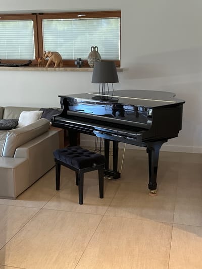 This is a horizontal, eye-level indoor photograph of a living room scene featuring a black grand piano and a sofa. The room has light-colored tiled flooring and white walls. A large window with horizontal blinds is visible on the left, with wooden trim. On the windowsill, there are several decorative items, including what appears to be a ceramic vase and a wooden figurine of an elephant.
The primary object of focus is a glossy black grand piano, positioned at an angle in the center of the frame. It has a bench with a dark, tufted seat in front of it. To the right of the piano and bench, a portion of a light-colored sectional sofa is visible, adorned with several cushions, some of which appear to be dark grey and white. A black floor lamp with a dark shade stands behind the piano.
The lighting suggests it is daytime, with natural light coming from the window. The overall mood is calm and serene, indicative of a well-appointed living space. There is no visible text in the image. The context provided indicates the location is Łódź, Poland.